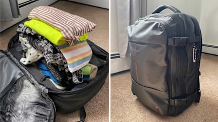 split of Vacpack open with piles of clothes on top and showing it closed after items are compressed into the bag